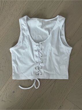White Ribbed Lace-Up Crop Tank Top